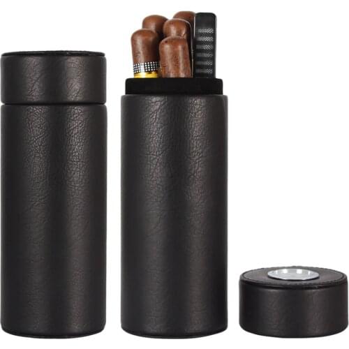 GALINER Travel Leather Cigar Case Cedar Wood Cigar Tube Portable Cigar Humdior Box W/ Humidifier Hygrometer Fit 5 Cigars
