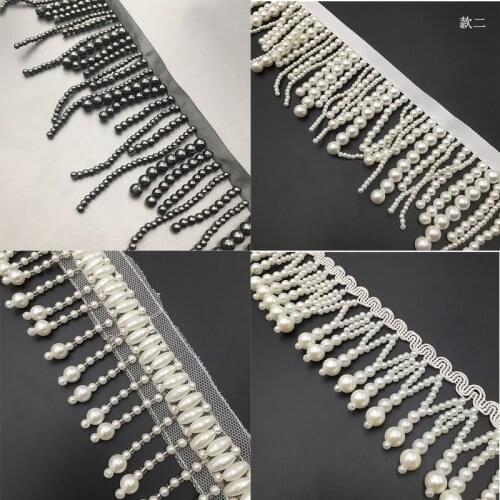 10Yards long pearl fringe beaded lace trim garment dress tassel lace decoration shoes ornaments white black hanging bead curtain