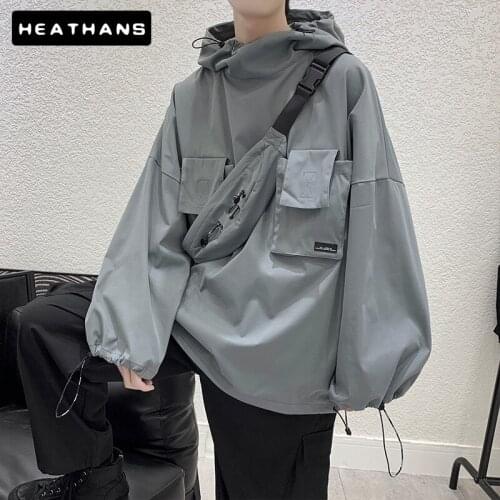 Spring Jacket Men Windproof Loose Hooded Pullover Solid Color Jacket Mens Handsome Minimalist Military Hooded Jacket Veste Homme