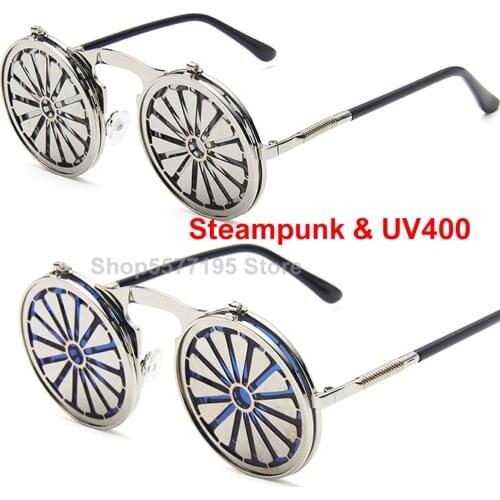 New 2020 classic flip sunglasses men vintage metal steampunk Wheel sun glasses male pink mirror reflective double lens uV400
