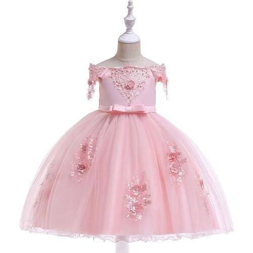 New Childrens Wedding Dress Girl Nail Beaded Flowers One-word Shoulder Dress Bow Flower Child Poncho Princess Skirt