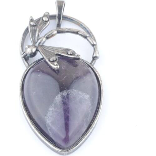 Wholesale 5Pcs/Lot Retro Natural Stone Amethyst Water Drop Pendant Dragonfly Bronze Ancient Silvers Jewelry QN4037
