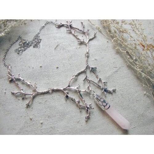 Pink Rose Crystal Branches Necklace Witch Pendant Forest Jewelry Twig Gothic Jewelry Wedding Magic Wicca Pagan Charm Women Gift
