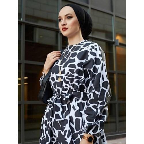 Dress Black With White Pattern Ramadan Kaftan Dubai Abaya Turkey Muslim African Head Scarf Dress Muslim Women Hijab