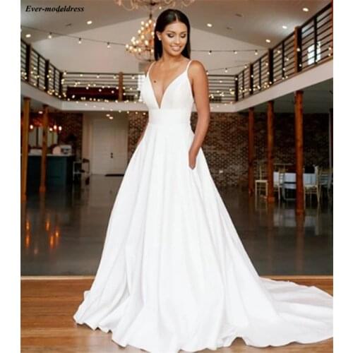 Simple Satin Wedding Dresses Lace V-Neck Backless Pockets A-Line 2020 Bridal Gowns Bride Dress Vestido De Noiva Cheap