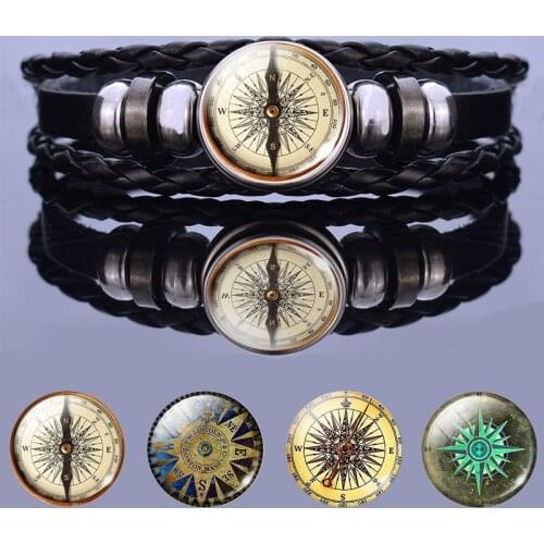 Retro Compass Pattern Black Bracelet Glass Cabochon Jewelry Steam Punk Compass Bracelets for Men Handmade Accessories Gifts