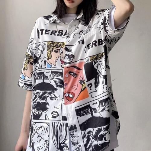 Anime Print Short Sleeve Shirts for Teenage Girls Summer Goth Clothes Womens Loose Fit Harajuku Streetwear Oversized Top Blouses