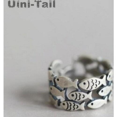 Uini-Tail hot new 925 sterling silver retro group of small fish open ring female models Thai silver wide-faced ring GN398