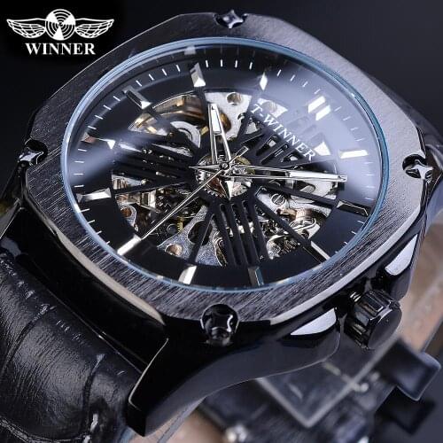 Winner Skeleton Square Mens Mechanical Watch Automatic Black Case Genuine Leather Watches Clock Relogio Hodinky Erkek Kol Saati