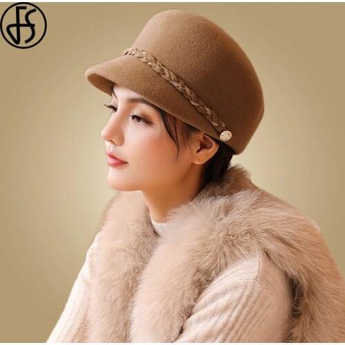 FS Wide Brim Winter Hats For Women Wool Felt Bowler Fedora Hat Chapeau Femme Feutre Cloche Ladies Black Church Equestrian Caps