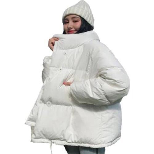 2020 Korean Style Winter Women Jacket Stand Collar Solid Black White Female Coat Loose Oversized Womens Short Parka