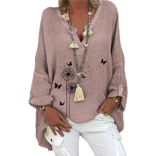 Women Autumn Long Sleeve Butterfly Dandelion Print Loose Blouse Shirt Tunic Top