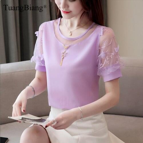 Summer Sexy Lace Off Shoulder Women Chiffon Shirts 2019 Short Sleeve Elegant Hollow Out O-Neck female Blouses Ladies sweet Tops