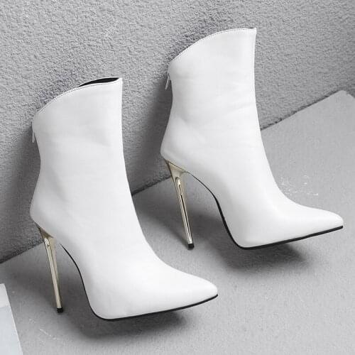 2021 Women 12cm High Heels Pumps Pointed Toe Ankle Boots Sexy Nightclub Fashion Boots Leather Party Heels White Big Size Shoes