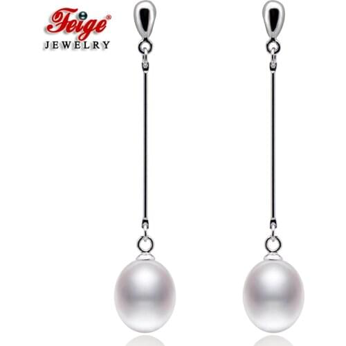 Classic Simple 925 Sterling Silver Natural Cultured Pearl Long Drop Earrings for Womens Party Jewelry Earrings Wholesale FEIGE