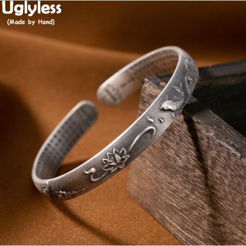 Uglyless Solid 999 Full Silver Lotus Fishes Open Bangles for Women Vintage Thai Silver Buddhistic Bangle Mantra Ethnic Jewelry