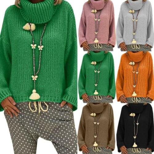 Women Solid Knitted Sweater Turtleneck Jumper Ladies Polo Roll Neck Chunky Long Sleeve Top