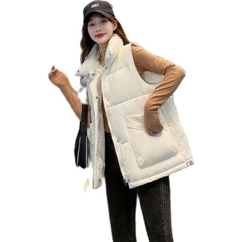 Korean Fashion Autumn And Winter New Womens Vest 2021 Pure Color Matte Big Pocket Down Cotton Female Waistcoat Vest
