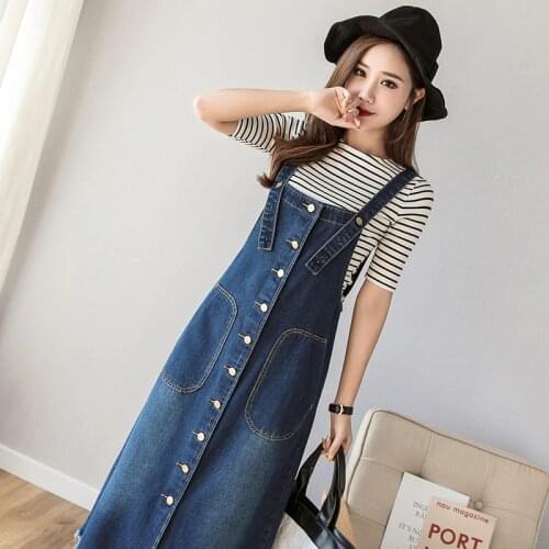 Ladies Plus Size Korean Spaghetti Strap Denim Dress Summer Spring Autumn Long Jeans Dress Women Streetwear Buttons Frocks Woman