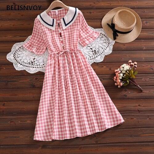 Japanese Preppy Style Summer Women Plaid Dress Embroidery Peter Pan Collar Female Robe Vintage Elegant Cotton Cute Dress