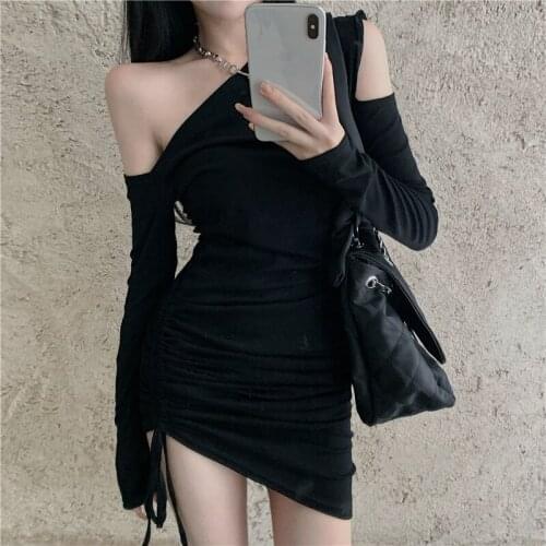 2020 Long Sleeve Ribbed Ruched Sexy Mini Dress Autumn Winter Women Diagonal Collar Cotton Pure Party Elegant Dresses