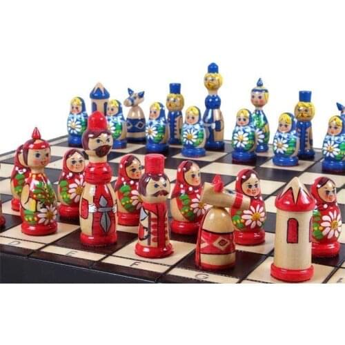 Babuhska chess set. Pieces are of Russian design, made entirely by hand and made of birch wood