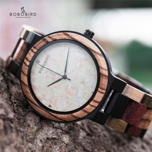 BOBO BIRD Men Watch Colorful Wood Sandalwood Strap Marble Dial Male Quartz Wristwatch relogio masculino with Wooden Box Gift