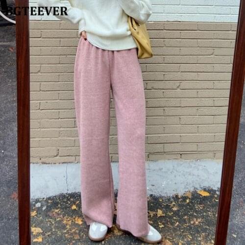 BGTEEVER 2021 Autumn Winter New Thick Straight Pants Women Elastic Waist Loose Knitted Wide Leg Pants Ladies Warm Trousers