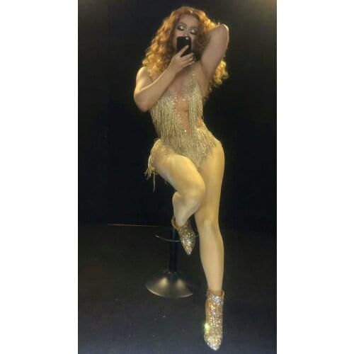 One-piece Dance Wear Singer Stage Leotard Sparkly Tassel Bodysuit Women Rhinestone Outfit Glisten Beads Costume