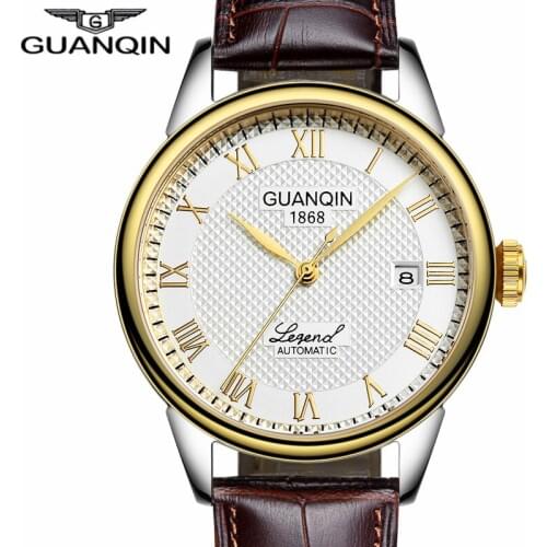 GUANQIN Watch Men Automatic Watch Top Brand Luxury Date Rhinestone Stainless Steel Leather Band Mechanical Automatico Wristwatch