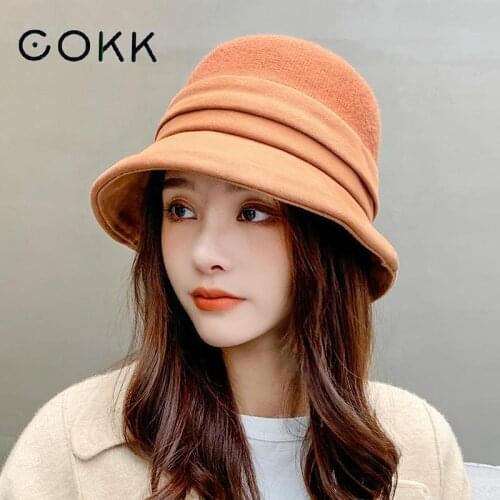 COKK Bucket Hat Women Knitted Cashmere Winter Hats For Women Fisherman Cap Warm Casual Gorro Solid Color Panama Bob Cap New