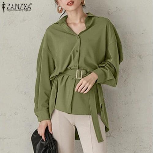 ZANZEA Elegant Lapel Neck Long Sleeve Belted Blouse Summer Women OL Shirt Fashion Female Buttons Blusas Casual Solid Loose Top 7