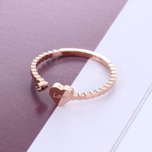 Nice Gift Rose Gold color Titanium Steel Simple Heart Woman Rings with Rhinestones ,Openning ring for girl ,Size 5-10 availabe