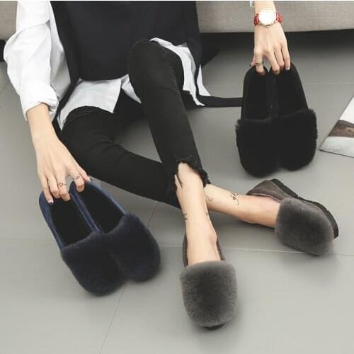Brief winter woman plush shoes solid creeper flock non-slip rabbit hair flats comfy round toe femme loafers platform shoes 42/43