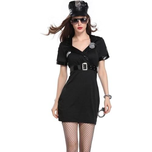 Halloween Policewoman Costumes Adult Ladies Short Sleeve V Neck Black Female 3 PCS Cop Costume Uniform Party Sexy Police Costume