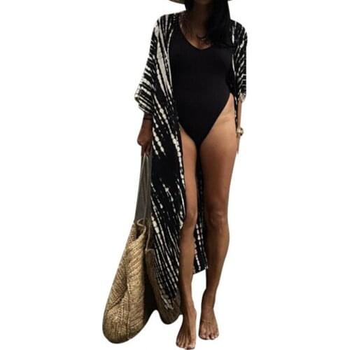 Summer Women Front Tie-dyed Boho Striped Ladies Black White Tie-dyed Long Cardigan Beach Party 2021