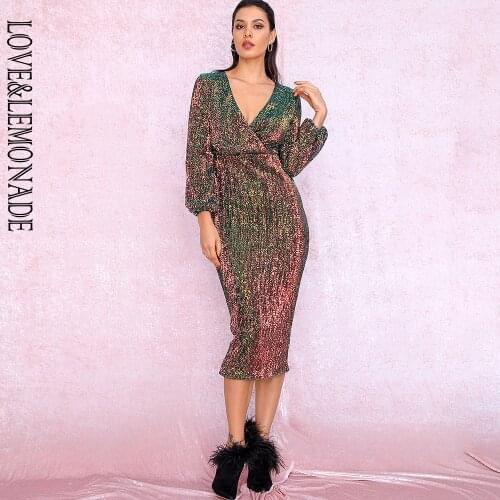 LOVE&LEMONADE Sexy Gradient Dark V-neck Sequins Lantern Sleeve Party Knee Dress LM81928-1