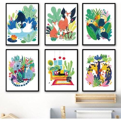 Cute Animal Giraffe Lemur Fox Dog Nursery Wall Art Canvas Painting Nordic Posters And Prints Cartoon Pictures Kids Room Decor