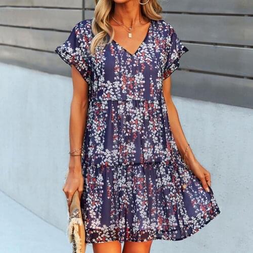 V Neck Mini Dress Women Elegant Ruffle Short Sleeve Women Floral Print A-Line Tunic Dress Streetwear Party Sundress Vestido Robe