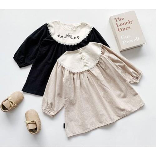 Japanese And Korean Style Girls Mini Dresses Kids Embroidered O-Neck Long Sleeve Clothes Cotton Linen Solid Color Children Dress
