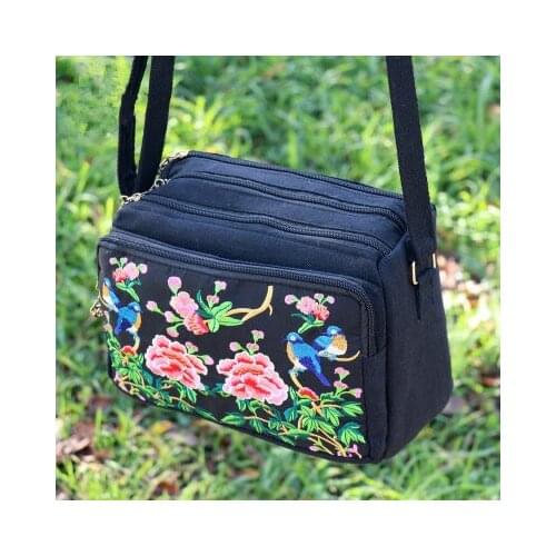 Fashion national embroidery women shopping handbags!Nice floral embroidered lady shoulder&Crossbody bags Multi-zipper canvas bag