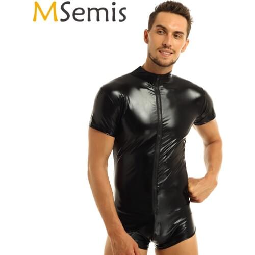 MSemis Mens Male Bodysuit Underwear Faux Leather Lingerie Zipper Thong Leotard Bodysuit Evening Parties Nightclub Bodystocking