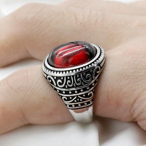 Natural Garnet Ring for Men 925 Sterling Silver Vintage Women Red Stone Rings Antique Turkish Handmade Gemstone Jewelry Gift