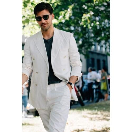 2017 New Arrival Designs Ivory Beige Linen Double Breasted Men Suit Slim Fit 2 Piece Tuxedo Custom Groom Prom Blazer Masculino