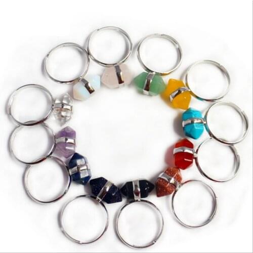 Wholesale Mixed Stone Hexagon Double Point Ring,Natural stone Healing Point Reiki Chakra Adjustable Finger Rings