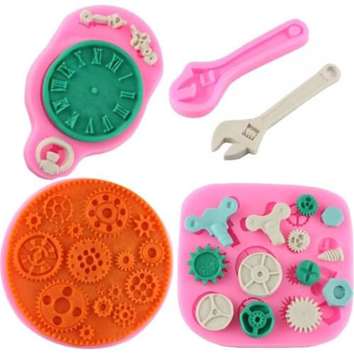 Steam Punk Screw Gear Spanner Clock Shape Cake Border Silicone Fondant Cake Chocolate Molds Kitchen Baking Cake Decorating Tools