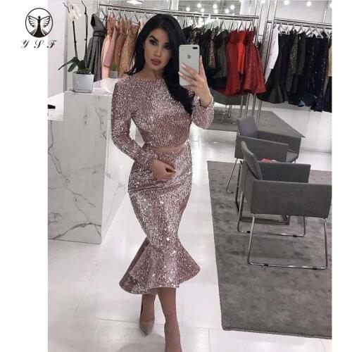 Simple but Elegant Rose Gold O Neck Long Sleeve Sequin Lace Bling Bling Tea Length High Low Prom Dresses 2019