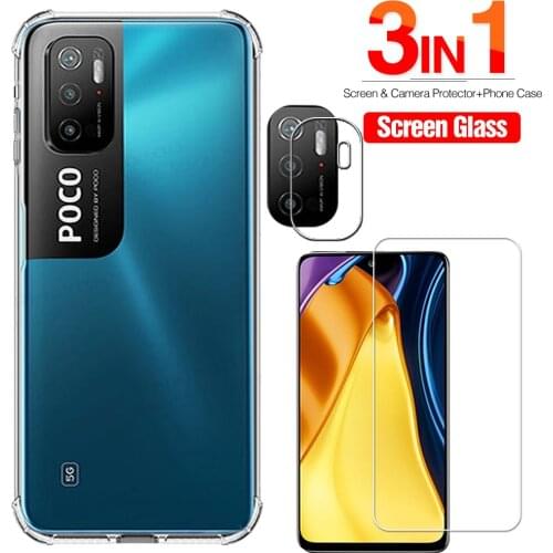 Transparent case for poco m3 pro 5G Phone tempered glass m3 pro camera NFC 2021 silicone shockproof Covers protection film cover