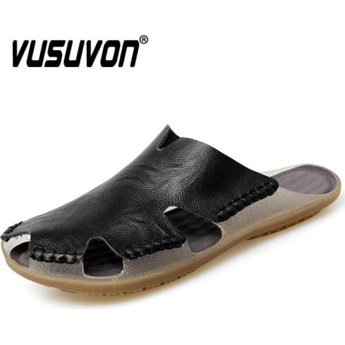 Comfortable Handmade Men Sandals Genuine Leather Soft Summer Shoes Retro Sewing Casual Half Beach Slippers Big Size 38-46