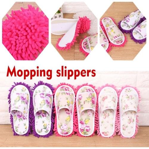 Summer Ladies Slippers Outdoor Ladies Sandals Flat Casual Canvas Print Removable And Washable Dust Mop Slippers Mopping Slippers